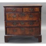 A GEORGE I BURR & FIGURED WALNUT CHEST, in two sections, the quarter-veneered crossbanded top with