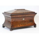 A late regency rosewood & amboyna-inlaid tea caddy, of sarcophagus form with concave sides &