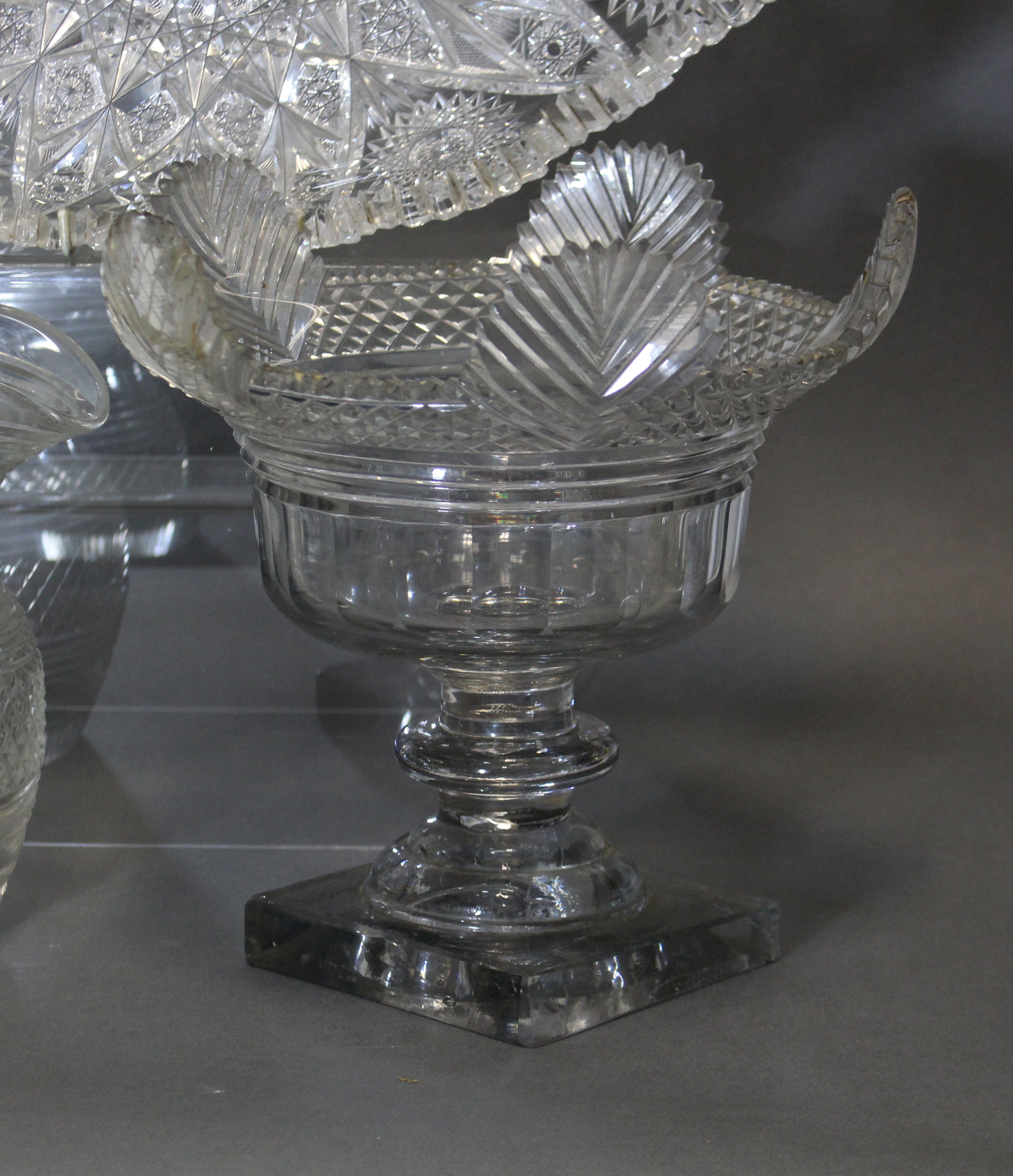 An early 19th century cut-glass deep bowl with lobed rim & fluted body, on turned column & heavy - Image 3 of 8