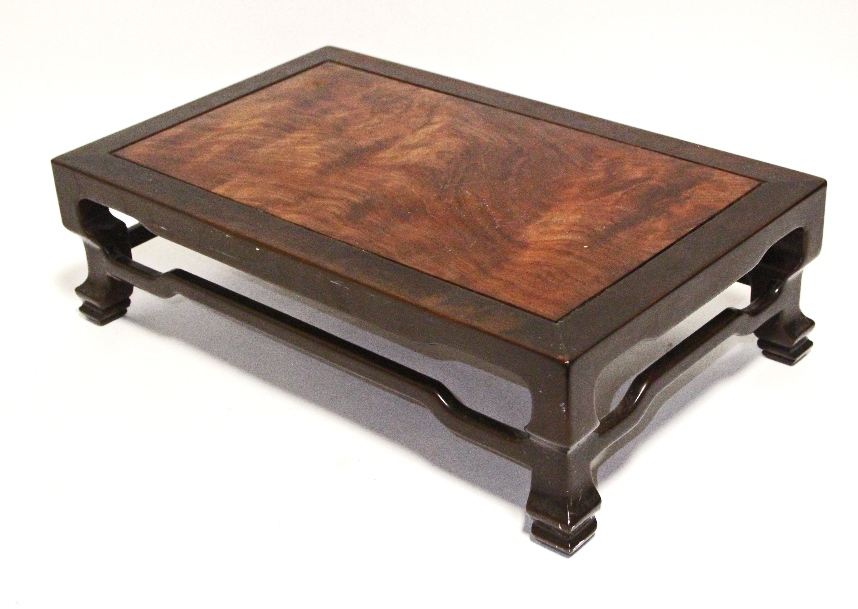 A Chinese huanghuali & rosewood table-top rectangular stand, with pierced frieze & square splay - Image 3 of 4