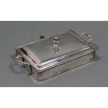 An Old Sheffield plated rectangular hotwell serving dish with hinged lid, gadrooned rims, &
