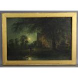 ENGLISH SCHOOL, early 19th century. A moonlit landscape with figures & dog beside a castle. Oil on