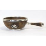 A 19th century treen bowl with silver-plated mounts & turned handle, an applied monogram with