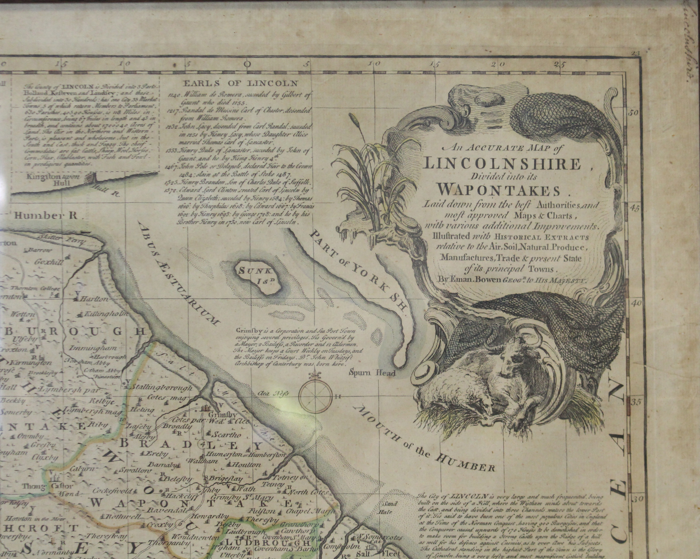 An 18th century coloured engraving “An Accurate Map of Lincolnshire” by Eman. Bowen, printed for - Image 2 of 3