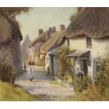 ENGLISH SCHOOL, early 20th century. A row of thatched Devon cottages with woman & children in the