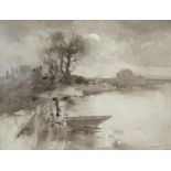 Manner of JOHN CONSTABLE, R.A. (1776-1837). A rural landscape with trees beside a lake. Sepia