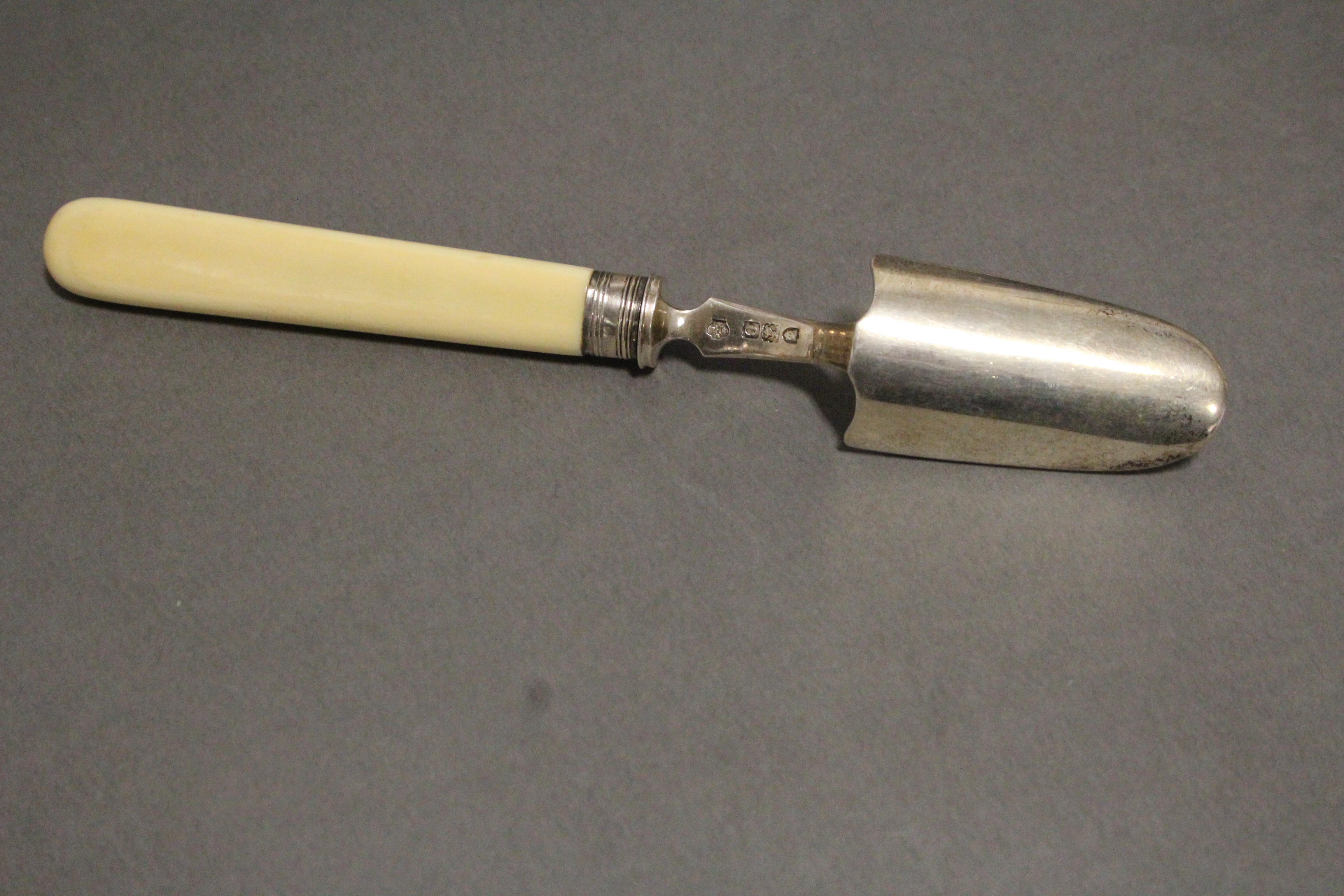 A late Victorian silver cheese scoop with plain ivory handles, 8” long; London 1898 by W. S. - Image 2 of 2