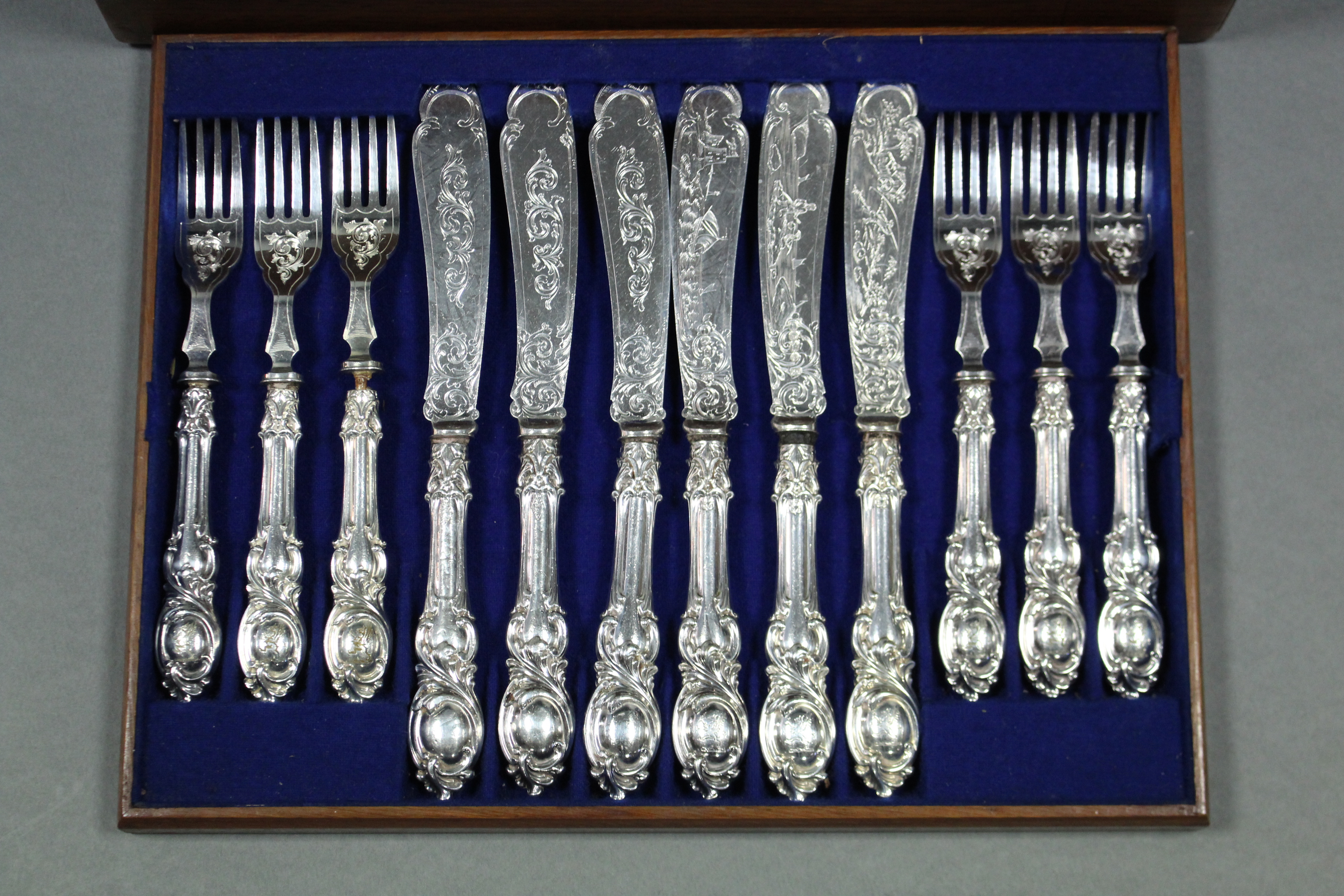 Twelve pairs of late Victorian engraved fish knives & forks, in fitted oak case. - Image 2 of 4