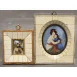 A decorative oval miniature painting of a mother & child, signed: “Le Brun”, 3¼” x 2½”, in ivory-