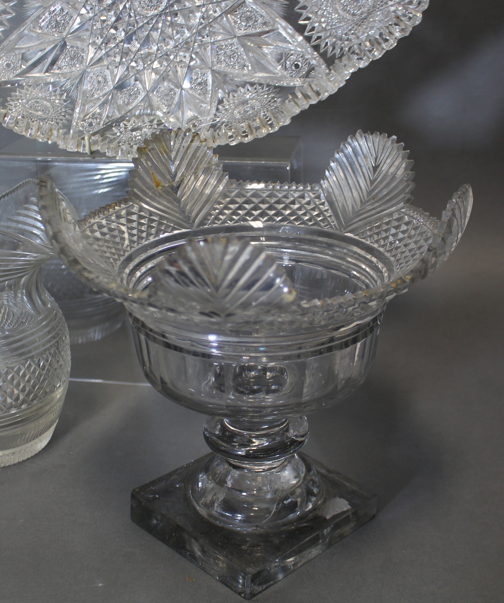 An early 19th century cut-glass deep bowl with lobed rim & fluted body, on turned column & heavy - Image 4 of 8