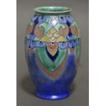 A Crown Devon “Cretian Ware” ovoid vase decorated in the Art Deco style; 9” high. (Cracked).