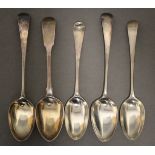 A George I silver Hanoverian pattern dessert spoon, London 1731 by Caleb Hill; & four various George