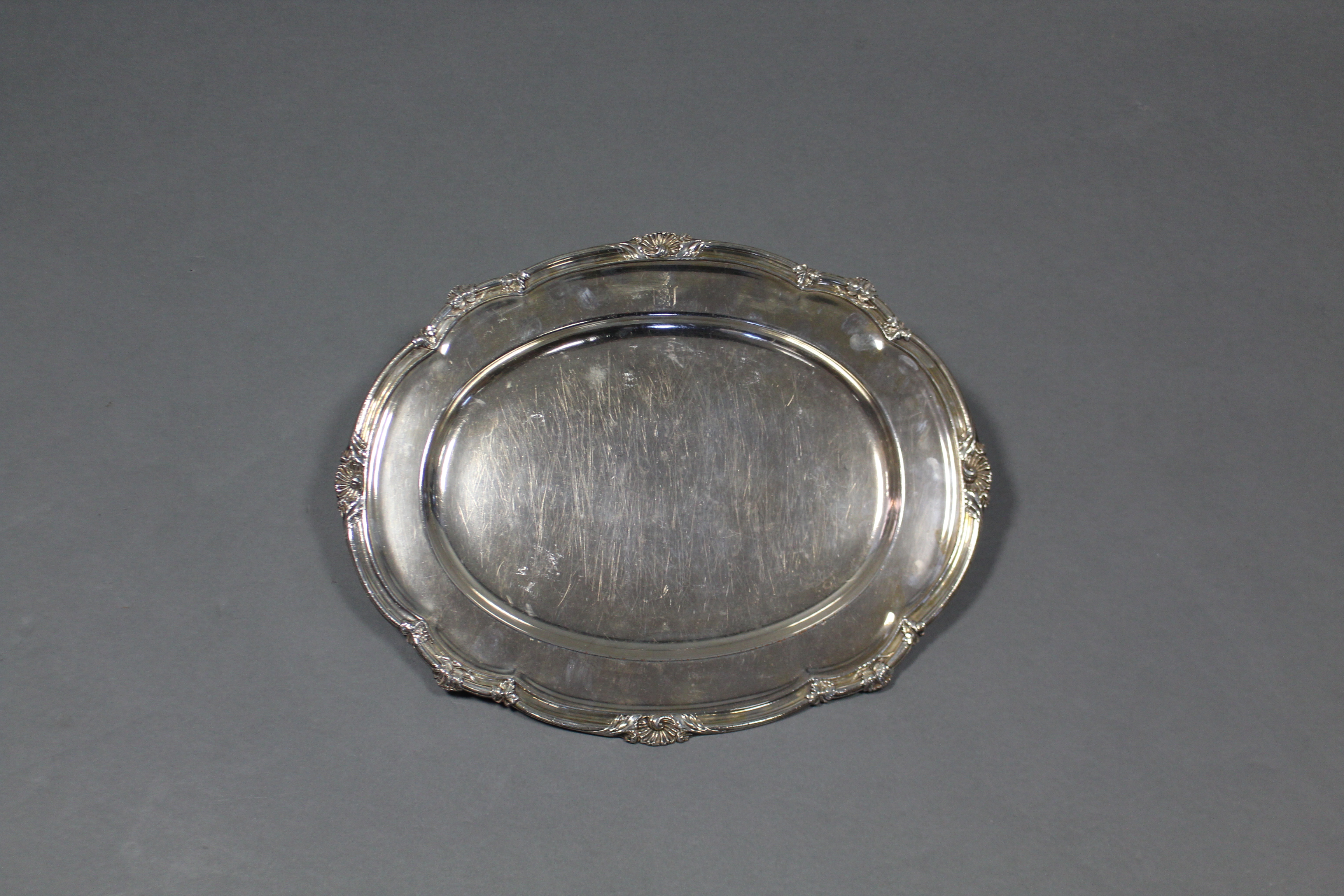 A Sheffield plated oval meat plate with shaped & moulded shell & leaf-scroll rim, an engraved - Image 2 of 3