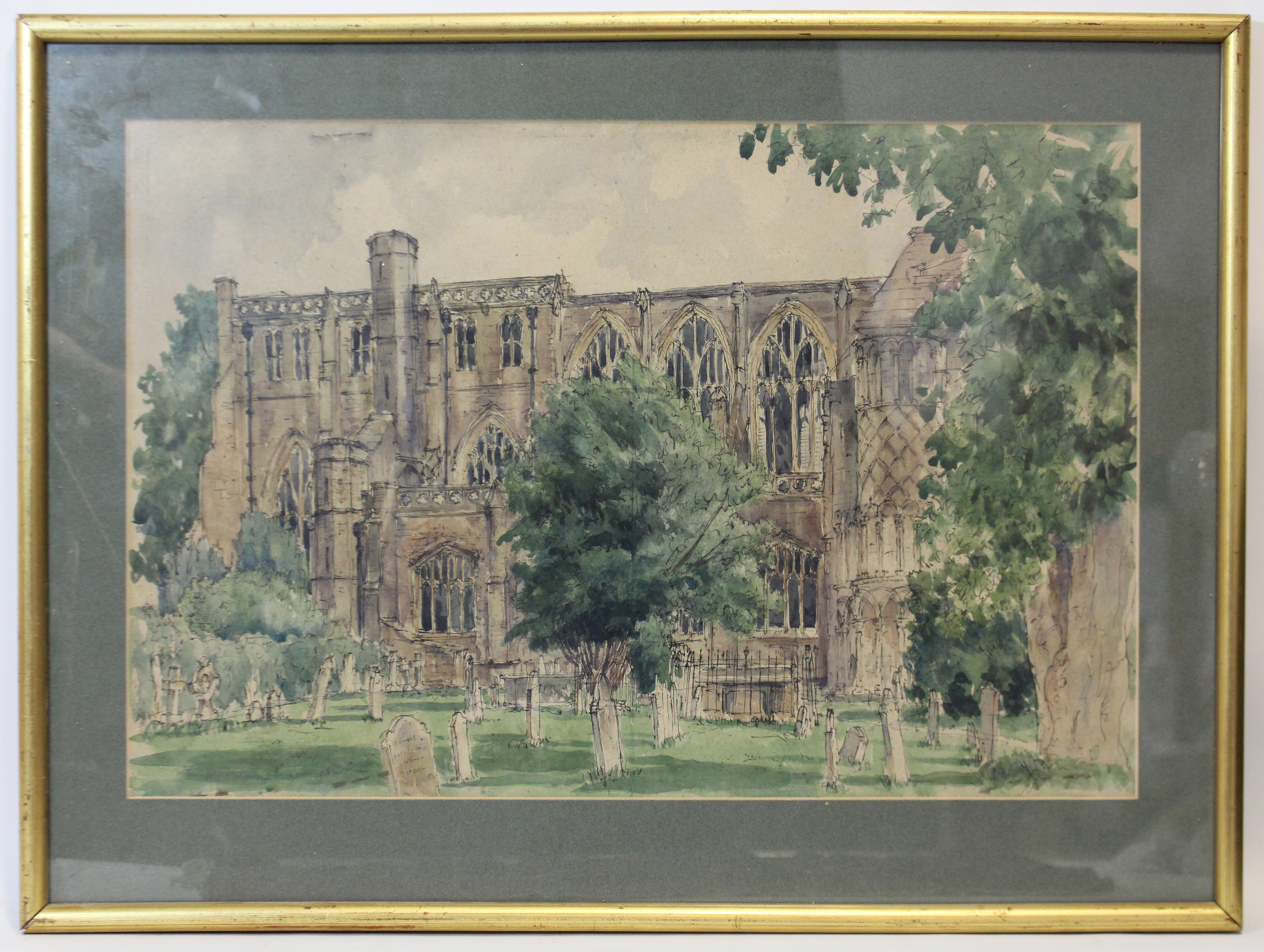 ENGLISH SCHOOL, 19th century. Study of Christchurch Priory, Hants. Pen & watercolour: 15” x 22½”.