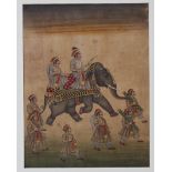 A 19th century Indian gouache painting of a ceremonial procession with an elephant & figures; 12”