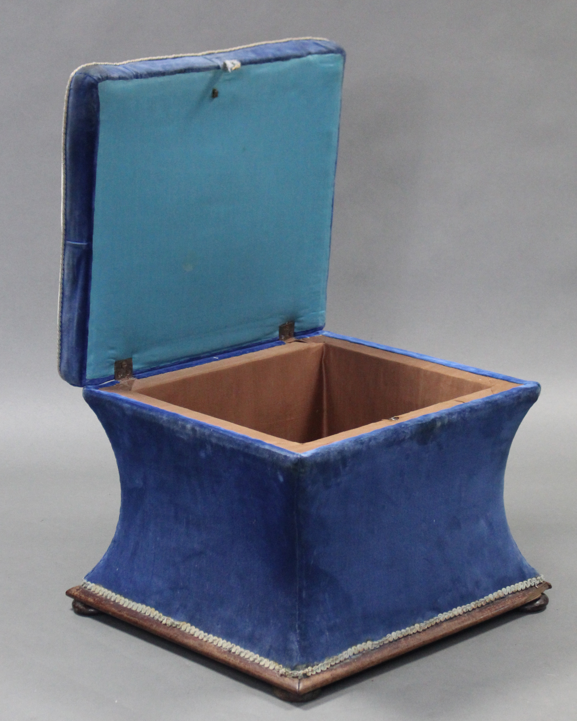 A Victorian square box ottoman with concave sides & buttoned seat, upholstered blue velour, & on bun - Image 2 of 2