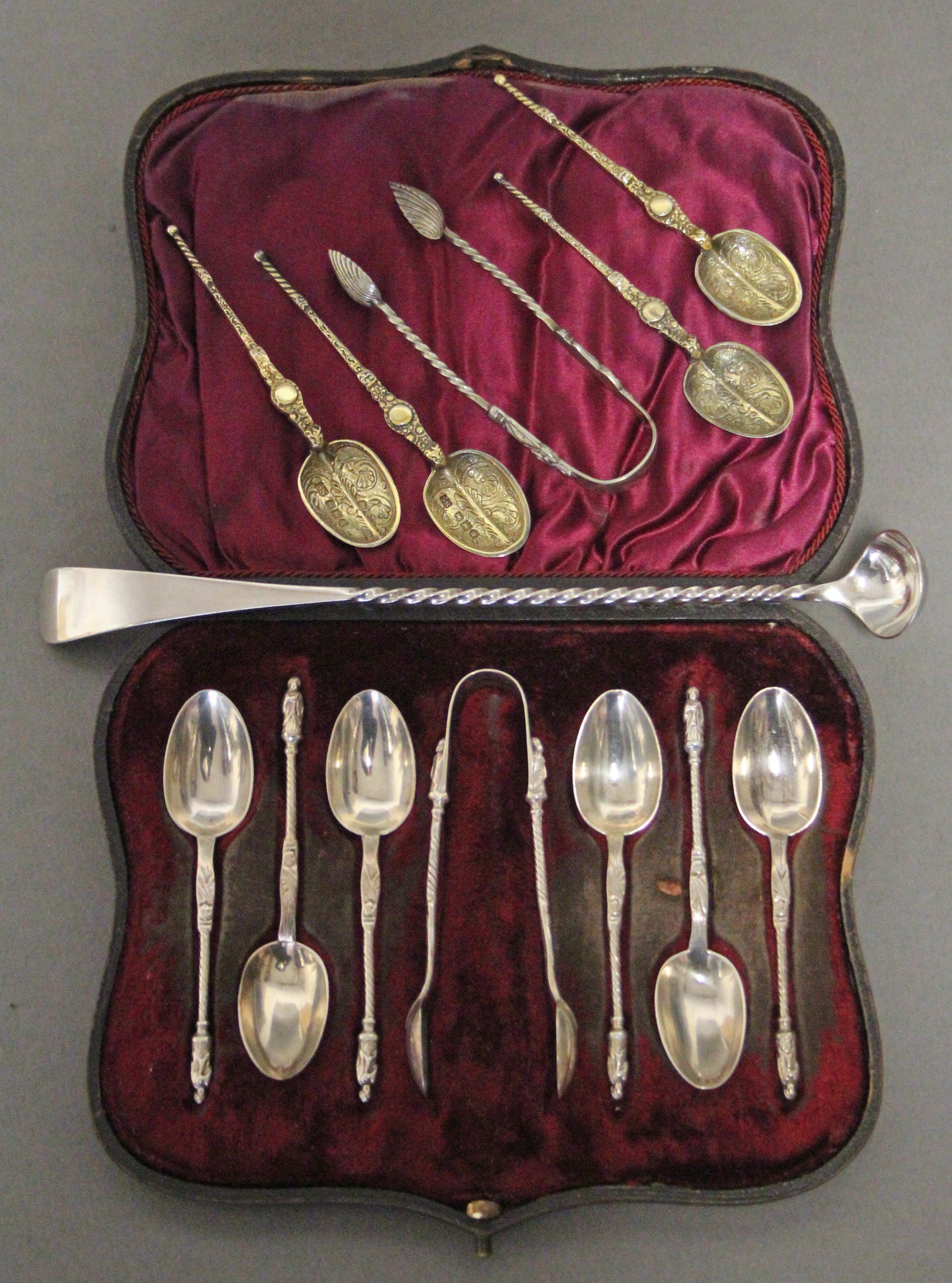 A set of six late Victorian silver apostle-knop coffee spoons & matching sugar tongs, Sheffield