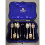Six Edwardian silver teaspoons with bright-cut decoration, & pair matching sugar tongs; London