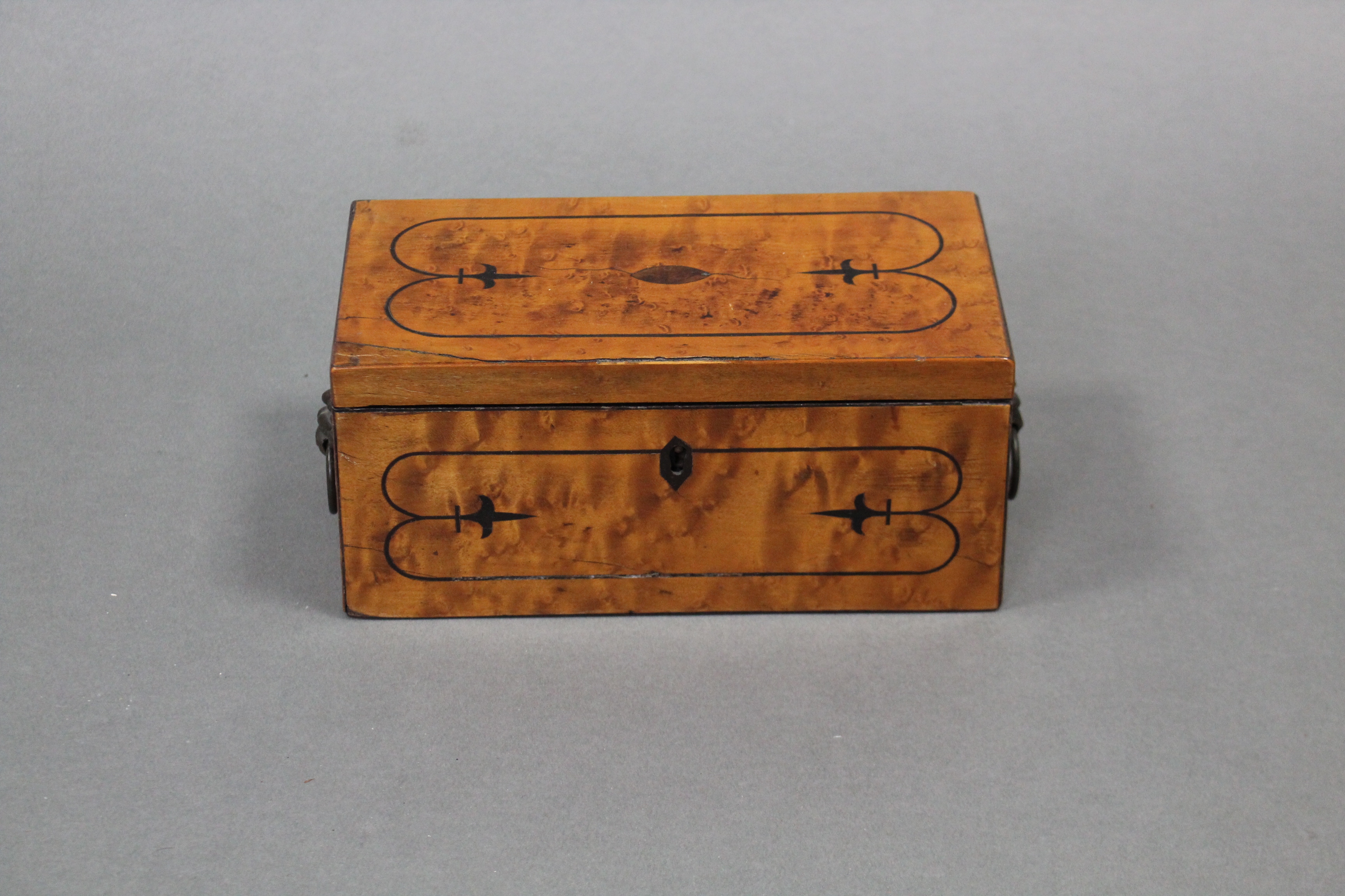 A Regency satinwood two division tea caddy with ebonised string inlay & lion-mask & ring side - Image 5 of 8