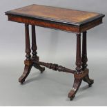 A Victorian burr walnut card table with stained & inlaid rectangular fold-over top inset green
