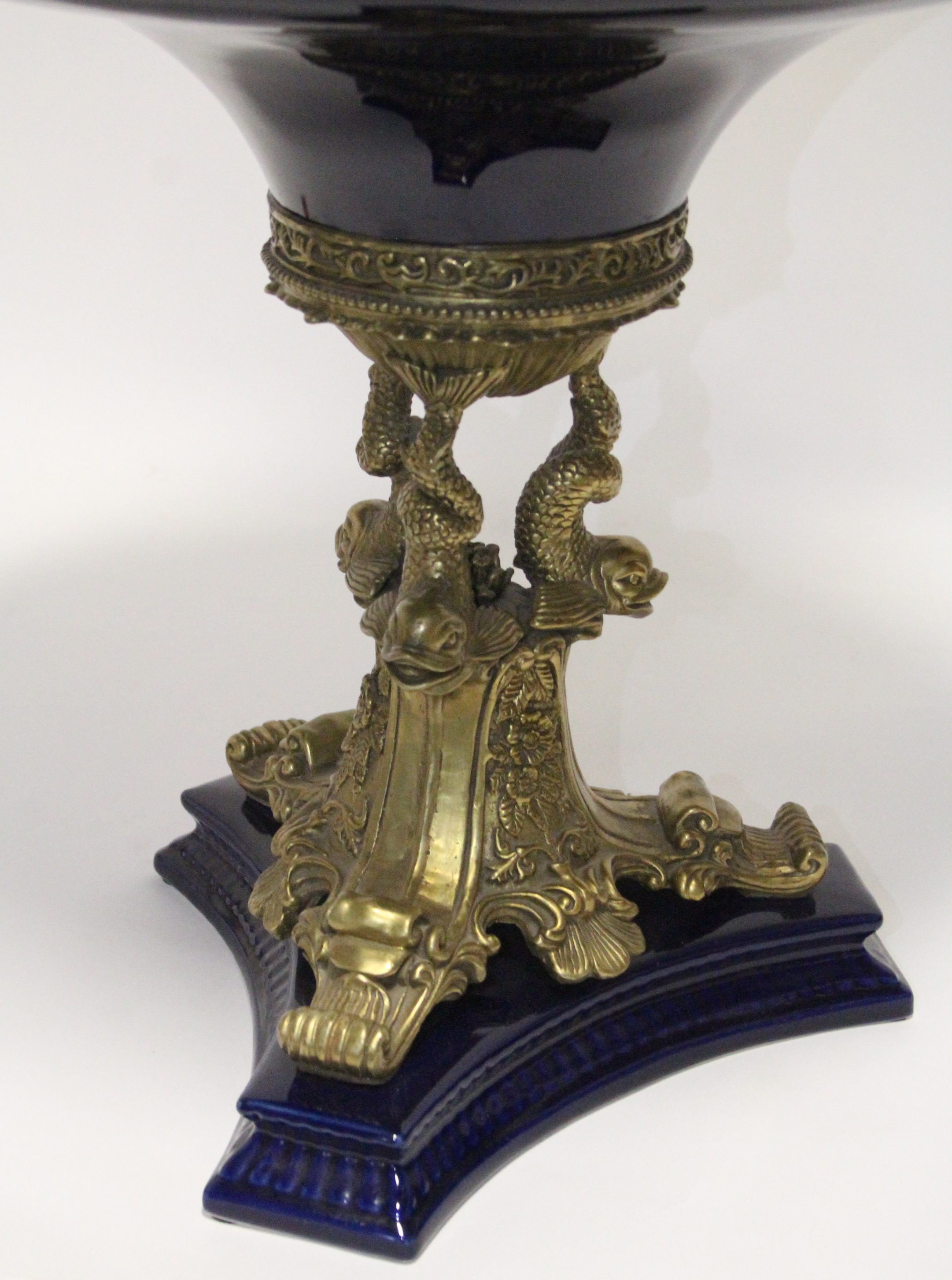 A late 19th/early 20th century continental pottery large comport with deep blue glaze & gilt metal - Image 2 of 4