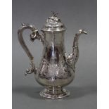A Victorian baluster-shaped coffee pot with domed hinged lid, engraved leaf-scroll decoration, &