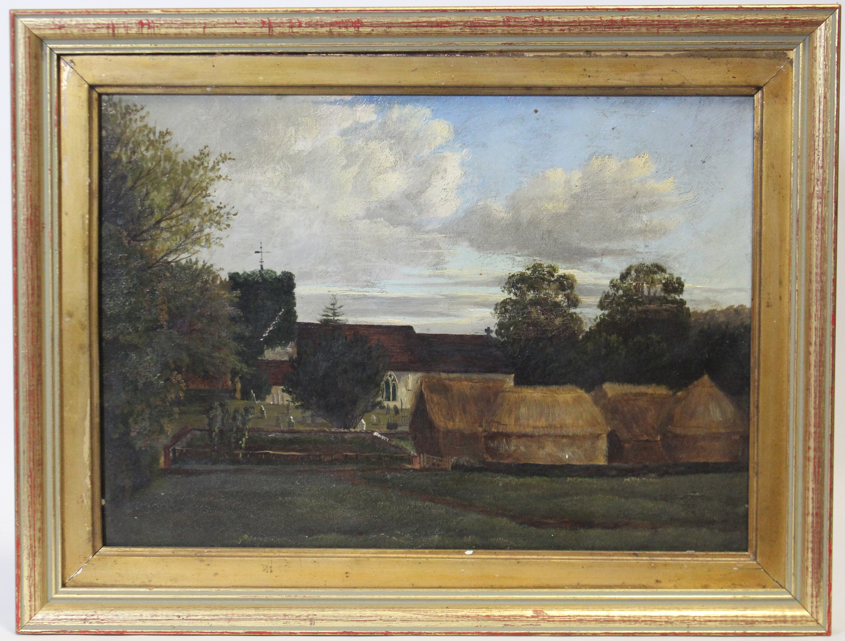 ENGLISH SCHOOL, 19th century. A rural landscape with church & stables. Oil on canvas: 10” x 14”.