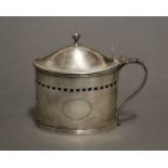 A George III silver oval straight-sided mustard pot with hinged domed lid, loop handle, pierced &