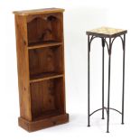 A wrought-iron plant table inset pottery tile to top, 32¾” high; a small set of pine shelves; &