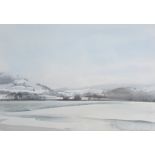 A large watercolour painting by David O.P.M. Harrison titled to reverse “Snow on Windermere in