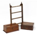 Two 19th century mahogany boxes; a small set of wall shelves; & various items of decorative china;