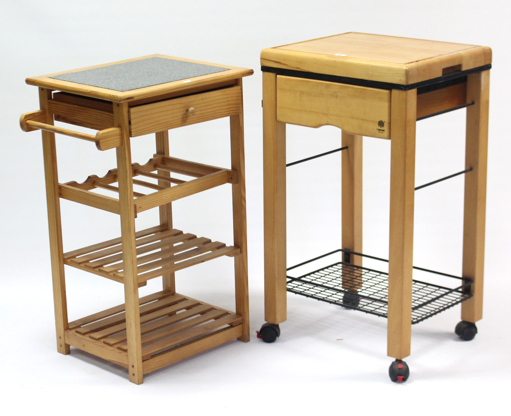 A beech kitchen island/trolley on square legs, 19¾” wide; & a pine ditto, 19½” wide.