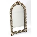 A Moroccan-style inlaid-hardwood frame rectangular wall mirror with rounded top, 41” x 24”.