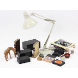An anglepoise desk lamp; two black lacquered trinket boxes; various books, etc.