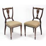 A pair of 19th century inlaid mahogany splat-back occasional chairs with padded seats, & on square