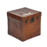 An early/mid-20th century tanned leather travelling trunk with hinged lift-lid, 18” wide x 18”