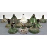 Thirteen various mid-20th century enamelled metal industrial ceiling light fittings (w.a.f.)