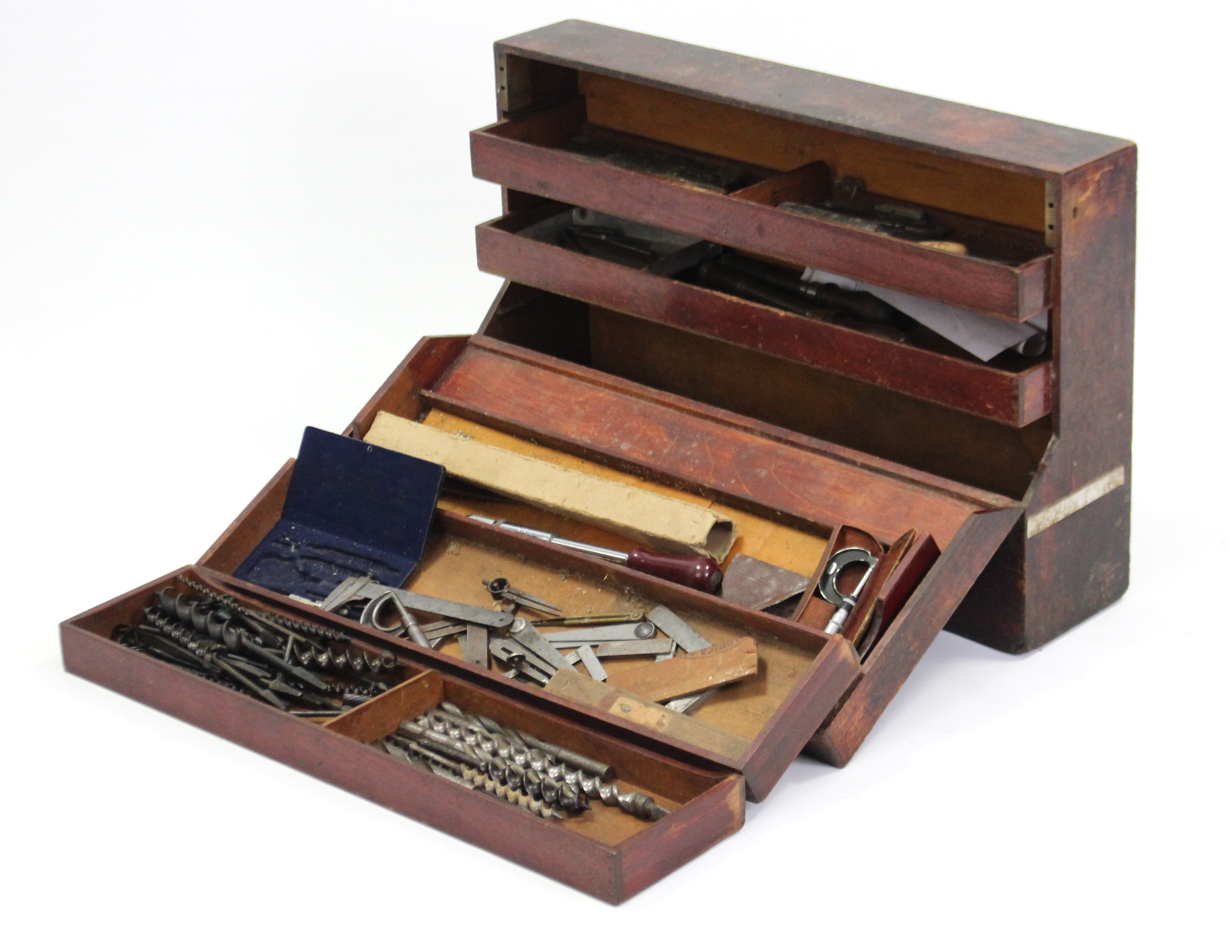 An early 20th century carpenter’s deal tool box with fitted interior enclosing numerous tools &