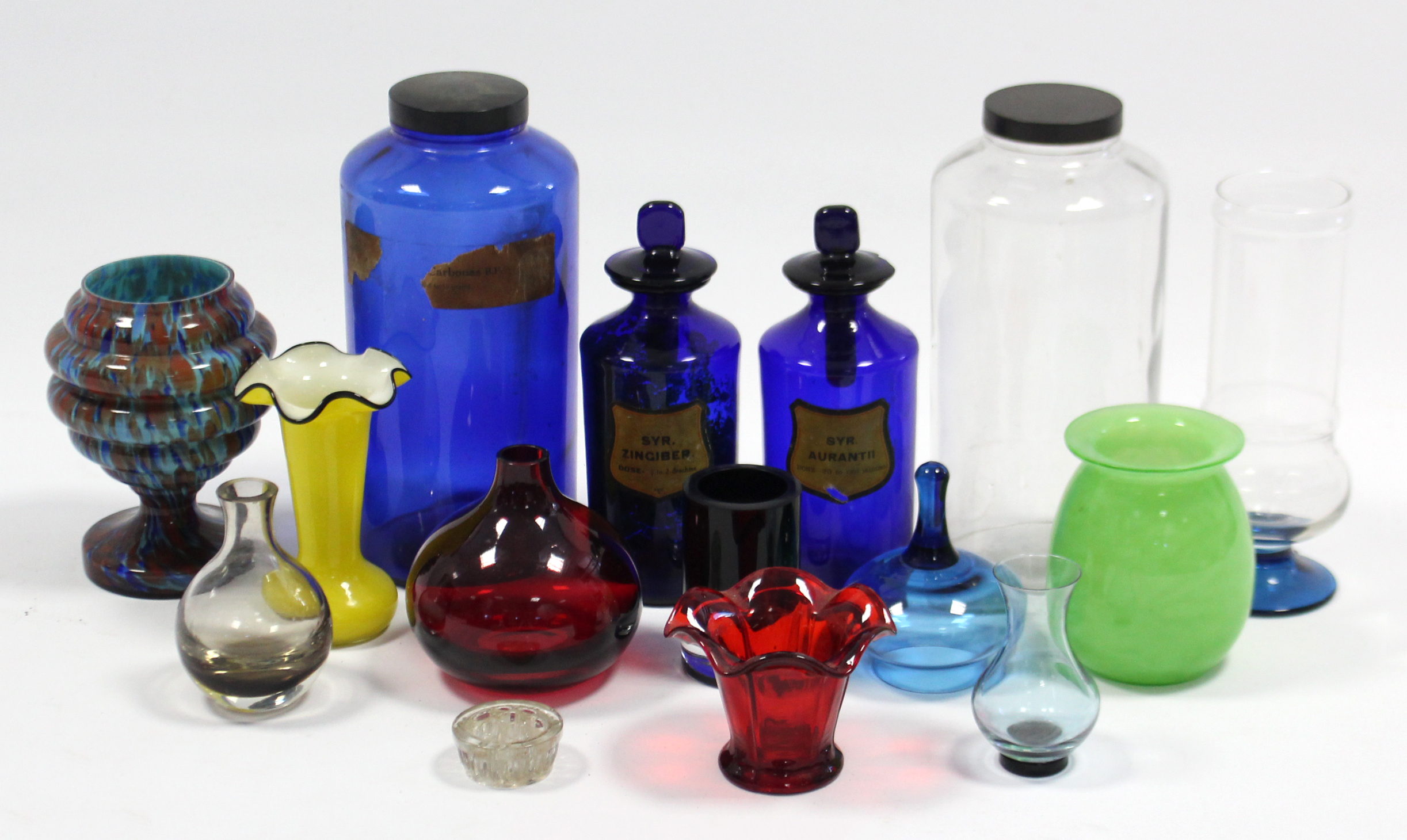 A pair of blue glass apothecary jars “Syr Avrantii” & “Syr Zingiber”, 8½” high; & various other