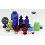 A pair of blue glass apothecary jars “Syr Avrantii” & “Syr Zingiber”, 8½” high; & various other