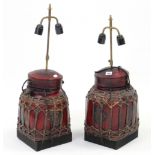 A pair of Chinese red-lacquered table lamp bases, 27” high.