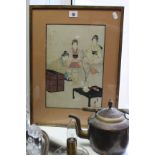 A Japanese coloured woodcut depicting a figure scene, 12½” x 8½”; together with a glass five-