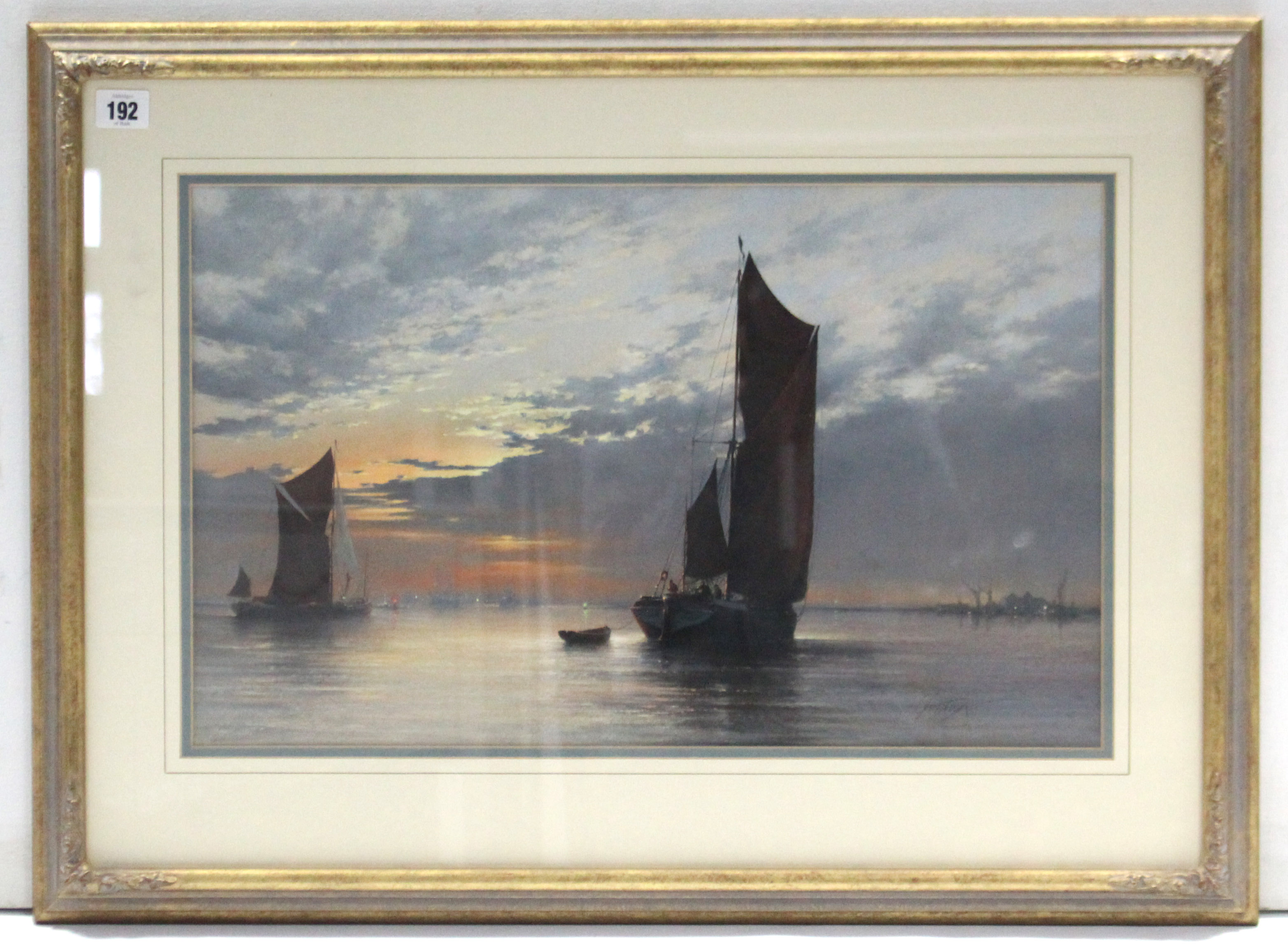 A watercolour painting by Christien Slade titled to reverse “Thames Barges, East Anglia, signed,