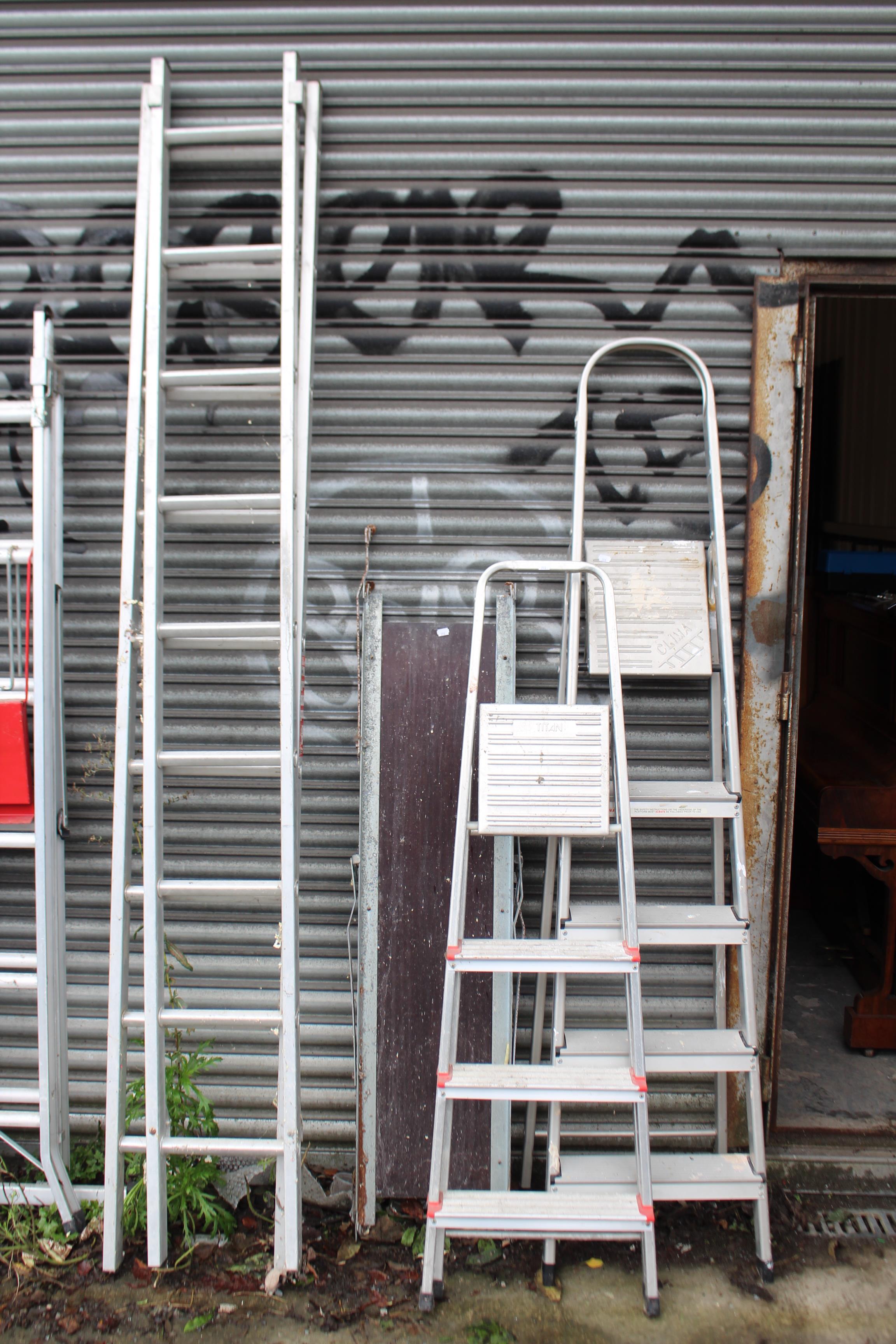 A pair of crimson painted wooden tall decorator’s trestles, 72” high; & seven various aluminium step - Image 9 of 9