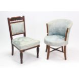 A late 19th/early 20th century tub-shaped occasional chair upholstered silk damask, & on inlaid-