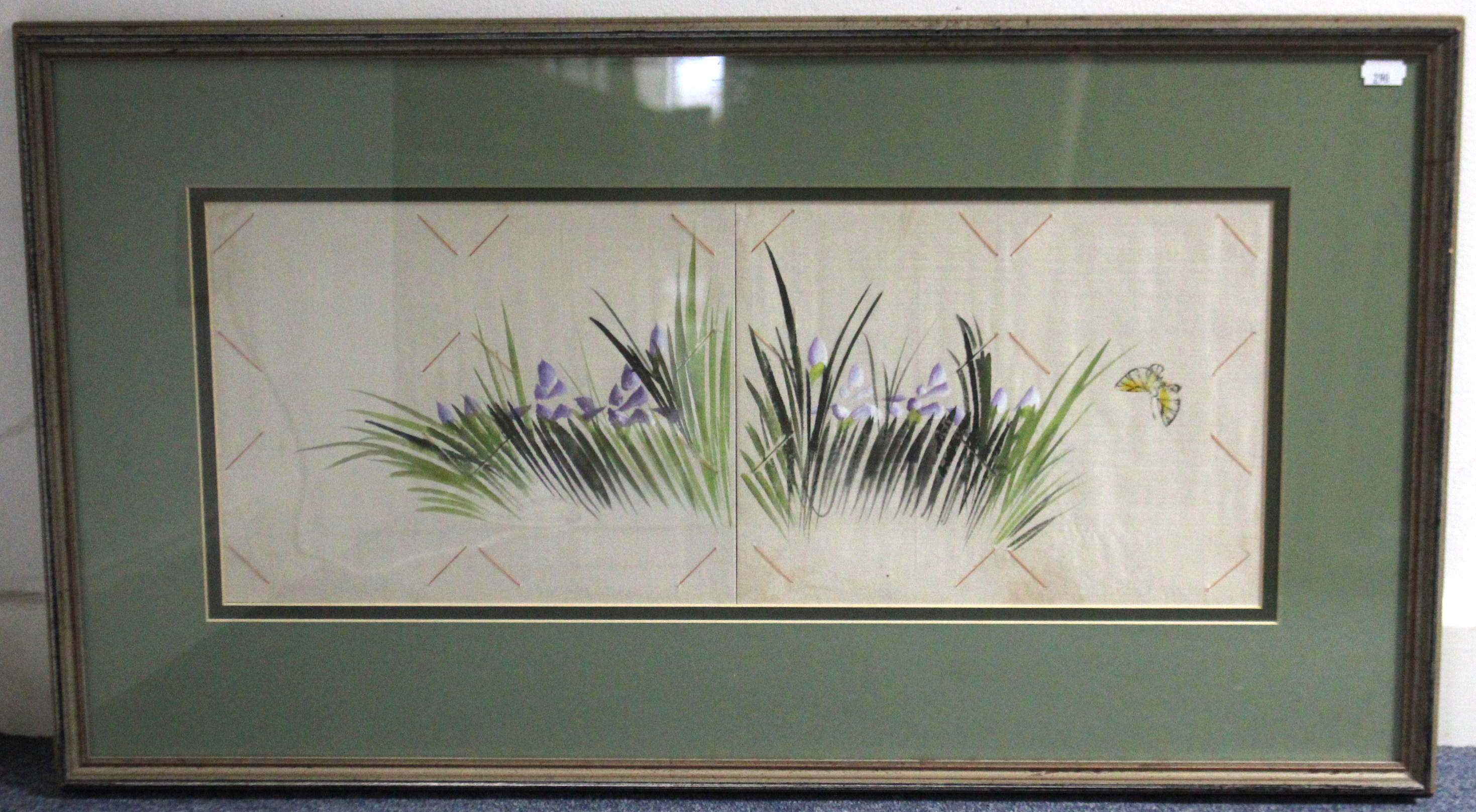 A set of four Chinese silk paintings on postcard album leaves, framed in pairs, depicting