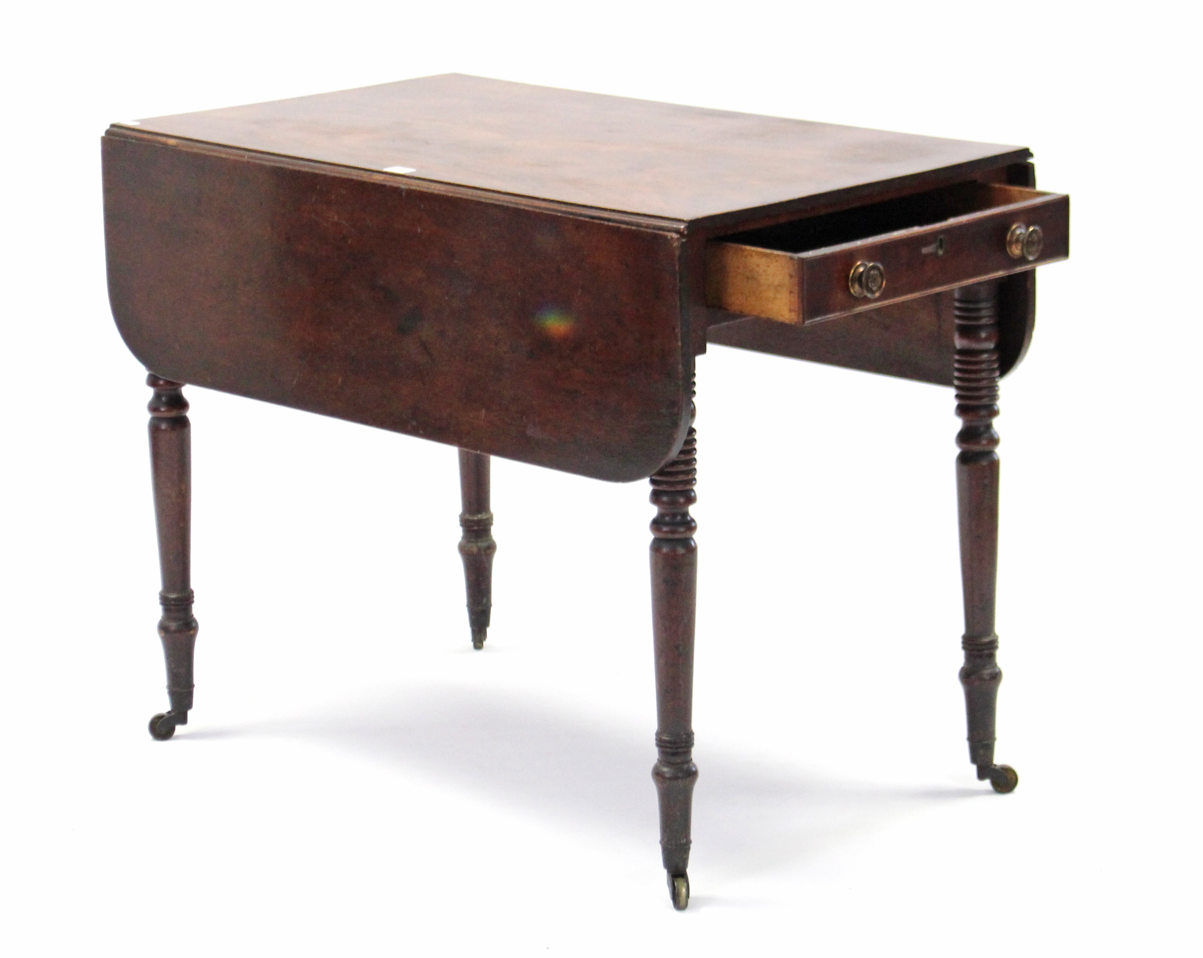 A 19th century mahogany Pembroke table, fitted end drawer & on ring-turned tapered legs with steel - Image 2 of 2