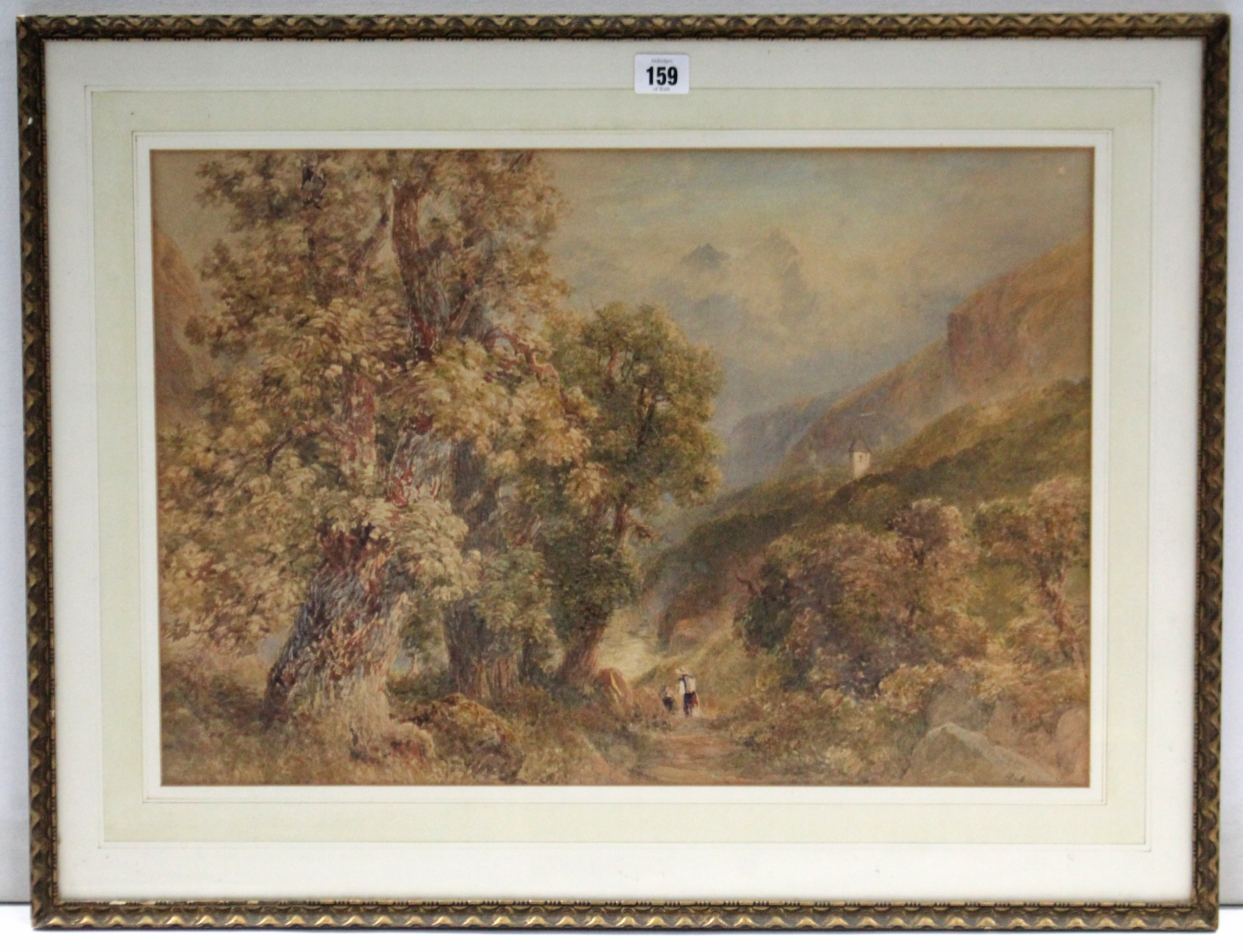 A Victorian watercolour painting by William Bennett titled to reverse “Figures on a Mountain