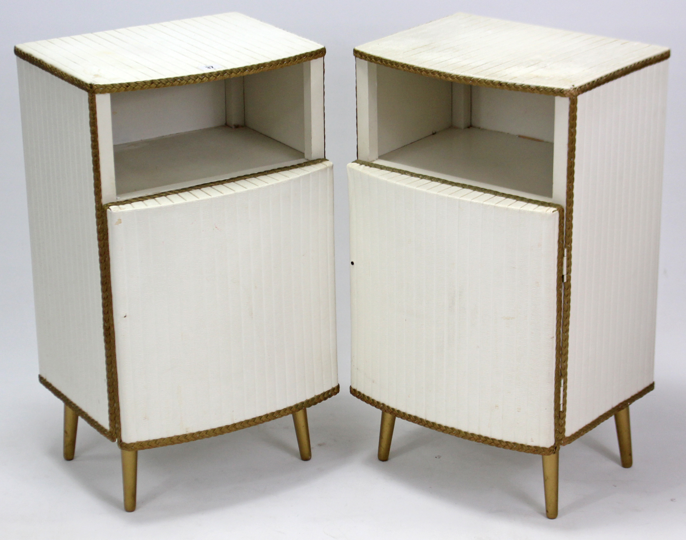 A pair of white & gold-finish bedside cabinets; & a pair of wooden folding chairs.