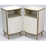 A pair of white & gold-finish bedside cabinets; & a pair of wooden folding chairs.